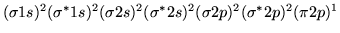 $(\sigma 1s)^2(\sigma^{\ast}1s)^2(\sigma 2s)^2(\sigma^{\ast}2s)^2
  (\sigma 2p)^2(\sigma^{\ast} 2p)^2(\pi 2p)^1$