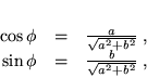 \begin{displaymath}
 \begin{array}{rcl}
 \cos\phi & = & \frac{a}{\sqrt{a^2 + b...
 ...\sin\phi & = & \frac{b}{\sqrt{a^2 + b^2}} \; ,
 \end{array}
 \end{displaymath}